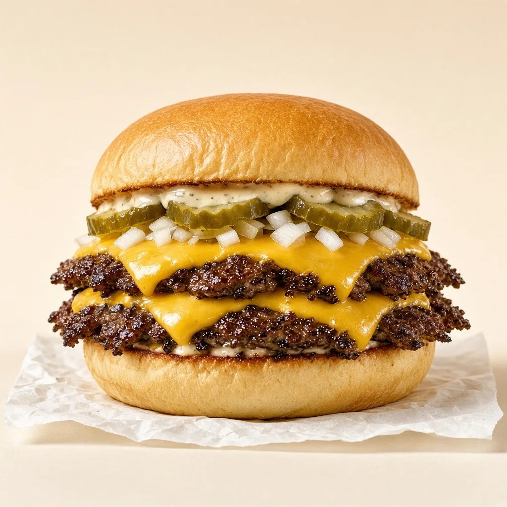 Burger dengan dua patty tipis berpinggiran renyah dan keju leleh